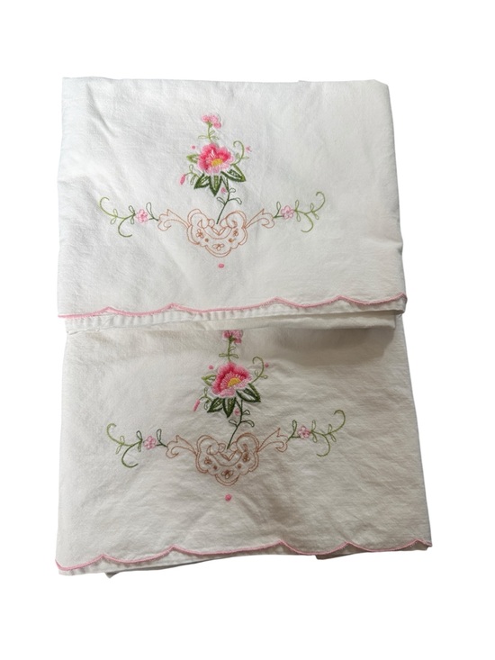 Vintage Other - Vintage perfect cond White/Pink Floral Embroidered cotton Pillowcases, 18 x 29.5